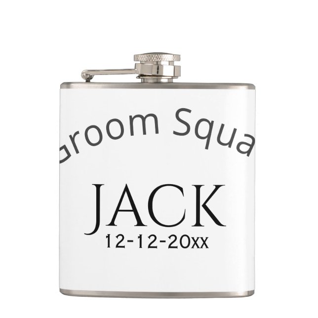 Groom squad name date year bold letter bachelorett hip flask (Front)