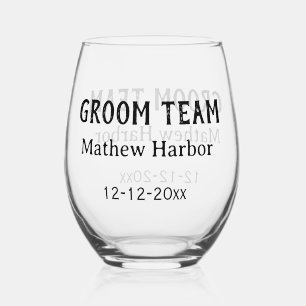 Groom team groomsman name date bachelore party stemless wine glass