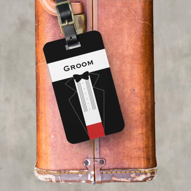 Groom Tuxedo Wedding Bachelor Party Luggage Tag (For your Groom to zoom off on a hip trip before his honeymoon. Treat him to this!)