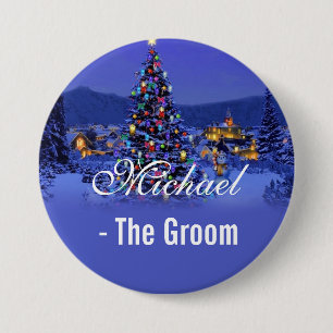 Groom, vintage Christmas tree snowy night 7.5 Cm Round Badge