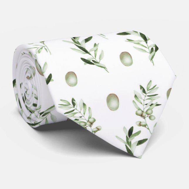 Groom Watercolor Green Olives Wedding  Neck Tie (Rolled)