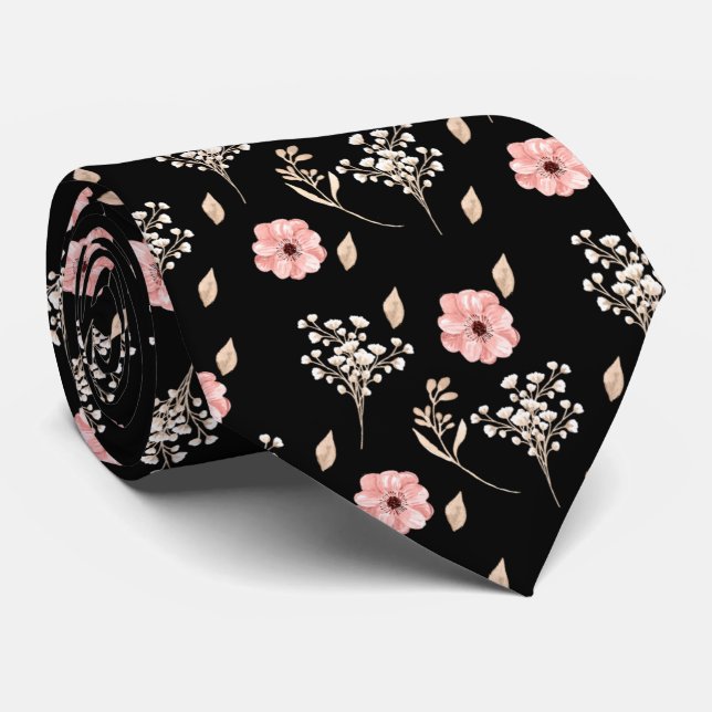 Groom Watercolor Pink Floral Black Wedding  Tie (Rolled)