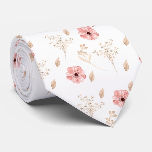 Groom Watercolor Pink Floral Wedding Neck Tie (Rolled)