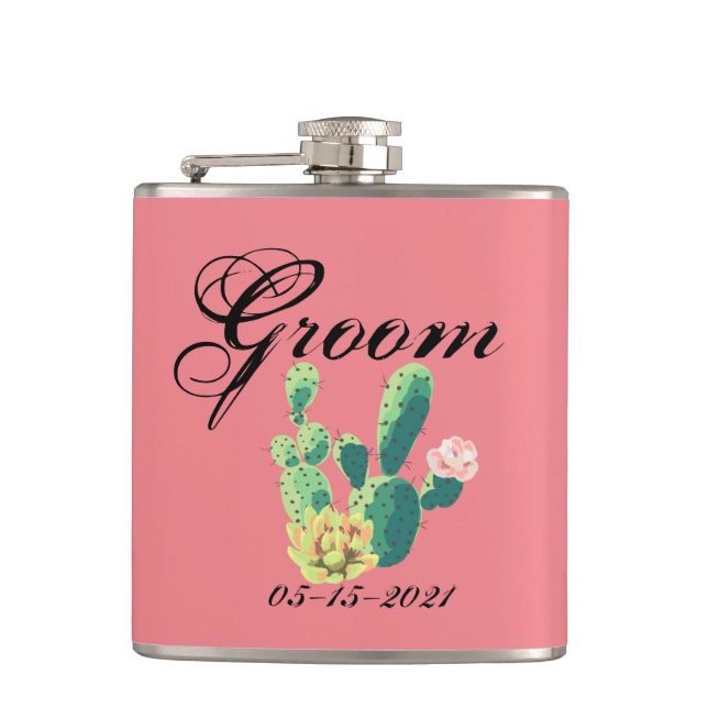 Groom Whiskey Flask Bohemian Cactus Succulents Des (Front)