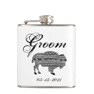 Groom Whiskey Flask Boho Buffalo Tribal Pattern Bo