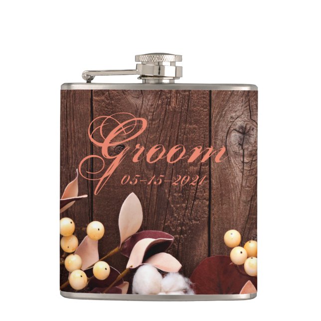 Groom Whiskey Flask Cotton Branch on Dark Wood Ste (Front)