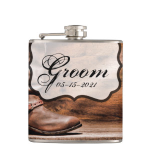 Groom Whiskey Flask Cowboy Boots Barn Wood Rustic