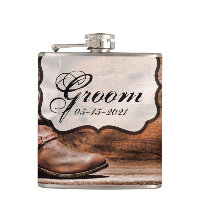 Groom Whiskey Flask Cowboy Boots Barn Wood Rustic (Front)