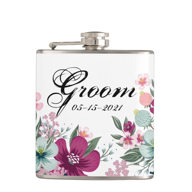 Groom Whiskey Flask Tropical Flowers on White (Front)
