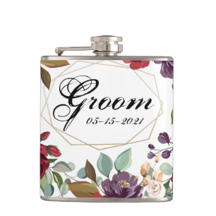Groom Whiskey Flask White Roses Gold Geometric