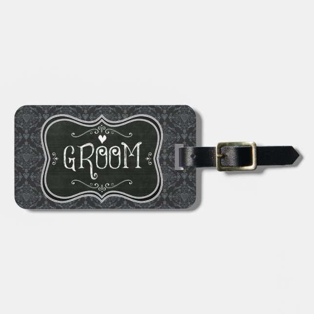 Groom's Damask Blackboard Luggage Tag (Front Horizontal)