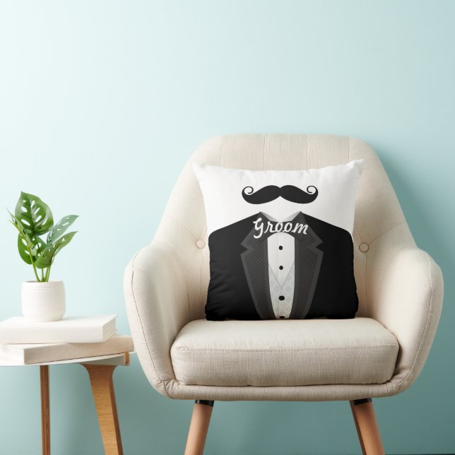 Groom's Moustache Tuxedo Black Tie Pillow (Chair)