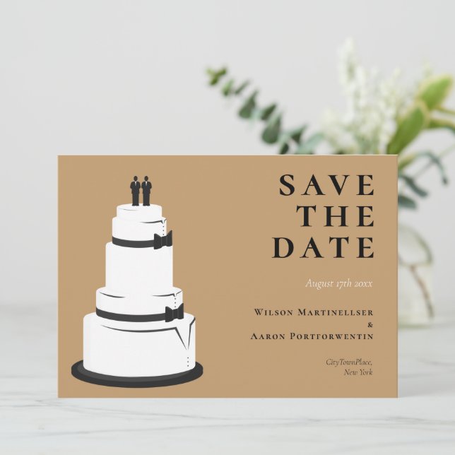 Grooms Wedding Cake Camel Brown LGBTQ Save The Date (Standing Front)