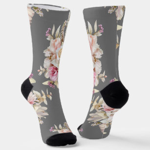 Grooms Wedding Floral Bouquet Pattern on Grey Socks