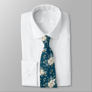 Grooms White Wedding Floral Bouquet on Blue Tie