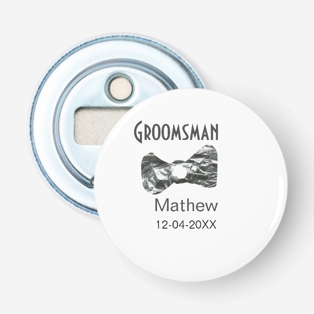 Groomsman add name date year grey collar bow text bottle opener (Front)