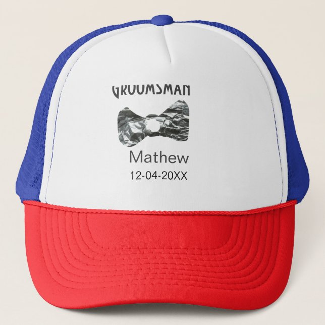 Groomsman add name date year grey collar bow text trucker hat (Front)