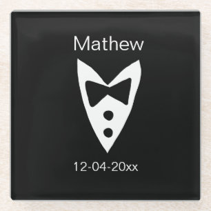 groomsman add name year black bow shirt tie tuxedo glass coaster