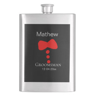 groomsman add name year black bow shirt tie tuxedo hip flask
