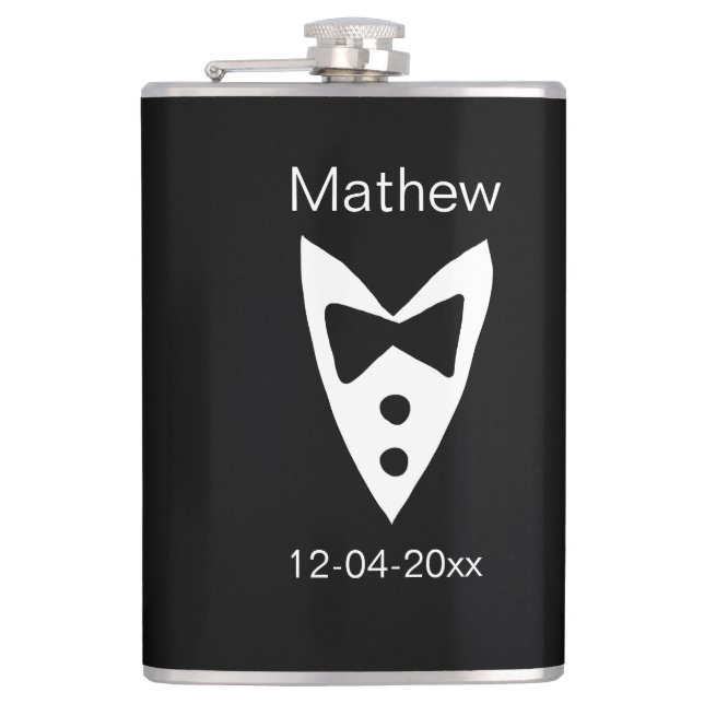 groomsman add name year black bow shirt tie tuxedo hip flask (Front)