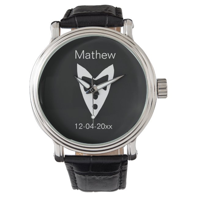 groomsman add name year black bow shirt tie tuxedo watch (Front)