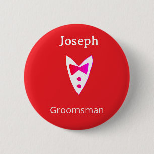 groomsman add name year red bow shirt tie tuxedo 6 cm round badge