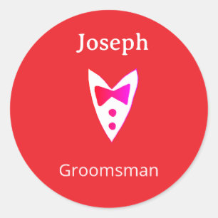 groomsman add name year red bow shirt tie tuxedo classic round sticker