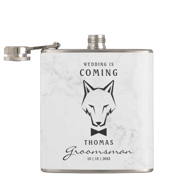 Groomsman Best Man Groom Wolf White Background Hip Flask (Opened)