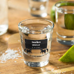 Groomsman Black Metallic Personalised Shot Glass<br><div class="desc">Black metallic grating frames the groomsman's name,  title and date of wedding. It is held up by two black metallic horses.</div>