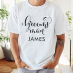 Groomsman Black Script Personalised Wedding T-Shirt<br><div class="desc">Wedding Groomsman shirt features modern black swirling calligraphy script writing with elegant custom first name text that you can personalise. See our coordinating bridal party designs!</div>