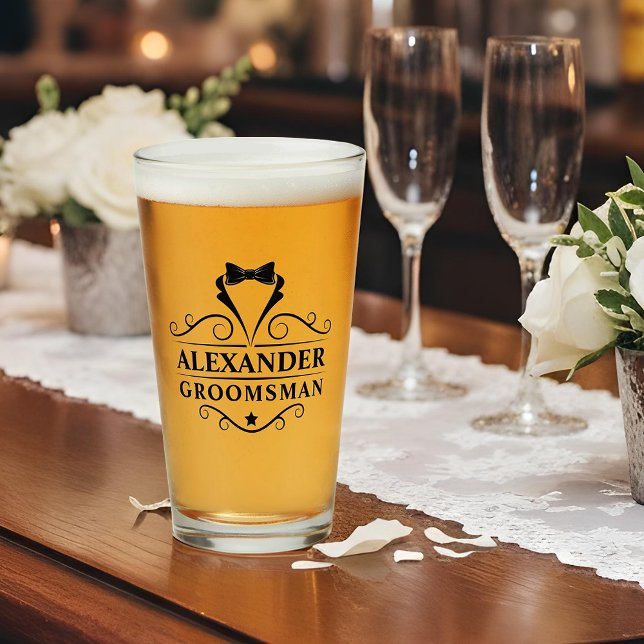 Groomsman Black Tie Glass (Customize to change text size.)