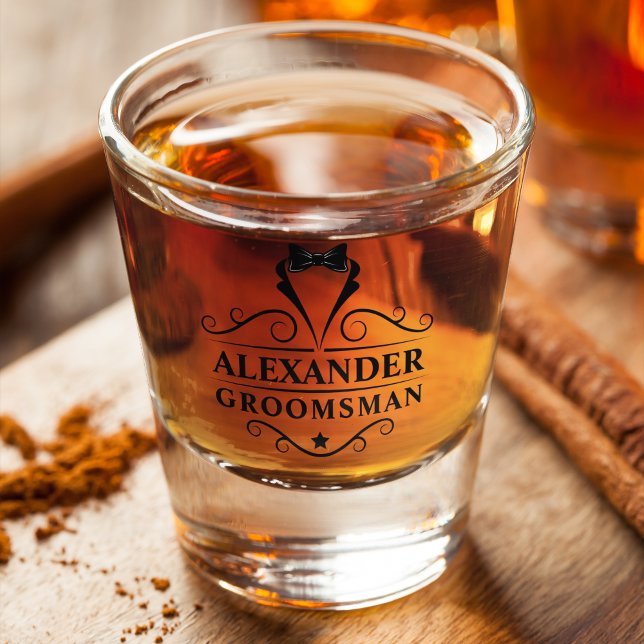Groomsman Black Tie  Shot Glass (Customize to change text size or text style.)