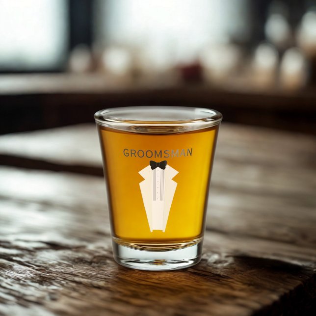 Groomsman Black Tie Tuxedo Wedding Shot Glass (For your Groomsman or any member of your wedding party. Just add their name)