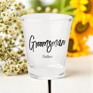 Groomsman Black White Script Wedding Shot Glass