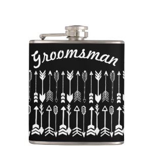 Groomsman Black with White Arrow Pattern Hip Flask