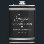 Groomsman Custom Personalised Wedding Party  Hip Flask<br><div class="desc">Groomsman Custom Personalised Name Wedding Party Flask features the groomsman's name with the bridal couple's names and wedding date accented with a small love heart. Custom made for the groomsman. Designed by ©2024 Evco Studio www.zazzle.com/store/evcostudio</div>