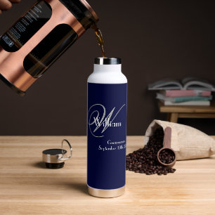 Groomsman Gift Elegant Grey Monogram White & Navy Water Bottle
