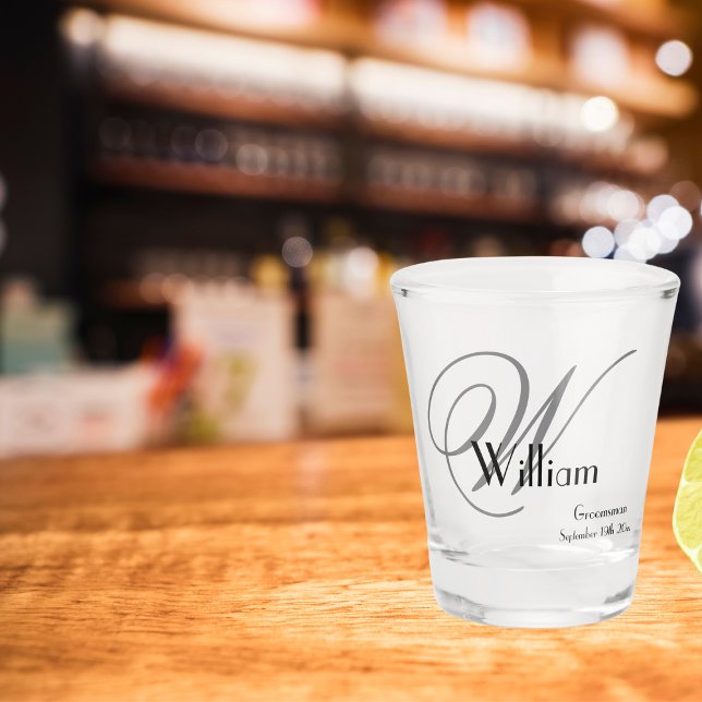 Groomsman Gift Modern Monogram Name Date Cute Shot Glass (Get him a  shot glass that will be treasured for years to come.)