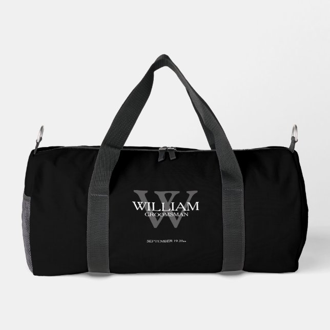 Groomsman Gift Modern Monogram Script Name Black Duffle Bag (Back)