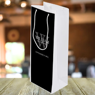 Groomsman Gift Name Simple Elegant Black & White Wine Gift Bag