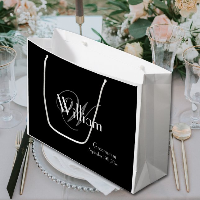 Groomsman Gift Script Monogram Name Chic Black Large Gift Bag (Groomsman Monogram with Name and Elegant Script Black Large Gift Bag.)