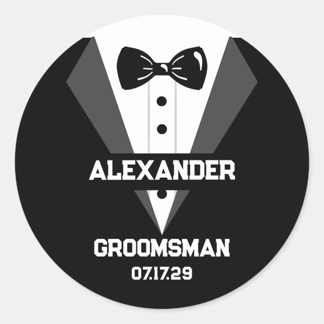 Groomsman Gift with Custom Name and Wedding Date Classic Round Sticker (Front)