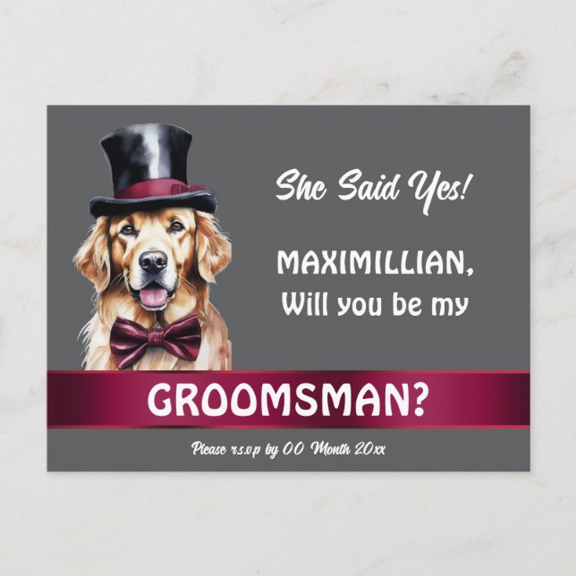 Groomsman golden retriever grooms proposal wedding postcard (Front)