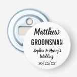 Groomsman Modern Bachelor Party Wedding Gift Bottle Opener<br><div class="desc">This modern typography bottle opener makes a perfect bachelor party or wedding gift for your groomsmen!  Customise with the name of your groomsman,  the names of the people getting married,  and your wedding date.  The background colour of the bottle opener can be changed to fit your preference.</div>
