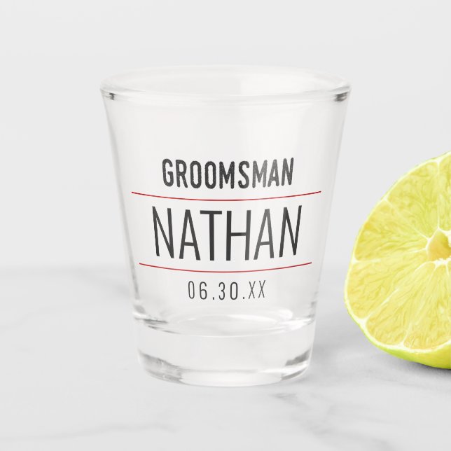 Groomsman Modern Red Black Typography Monogram Shot Glass (Front)