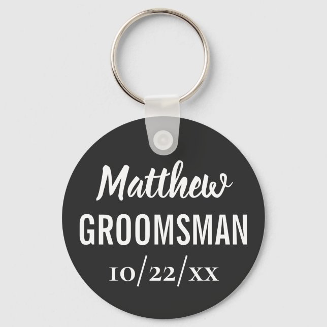 Groomsman Modern Typography Black Wedding Key Ring (Front)
