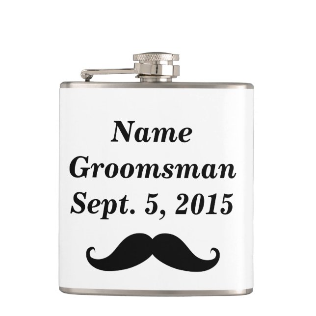 Groomsman Moustache Hat & Suit Vinyl Wrapped Flask (Front)