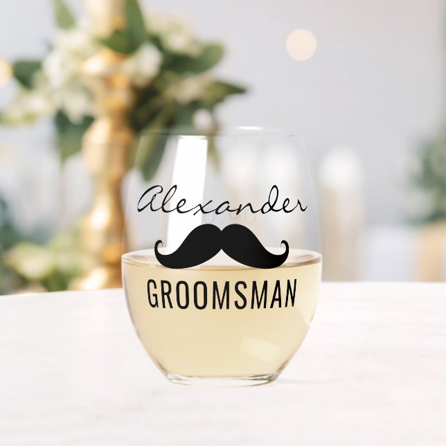 Groomsman Name Moustache Wedding Date Stemless Wine Glass (Insitu (Wedding))
