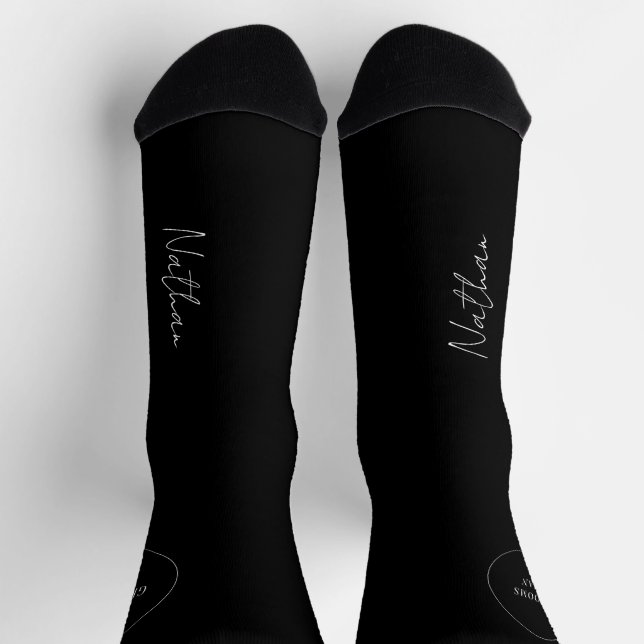 Groomsman name script personalised black wedding socks (Top)