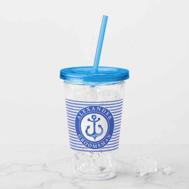 Groomsman - Nautical Anchor Navy Wedding Party Acrylic Tumbler (Back Ice)